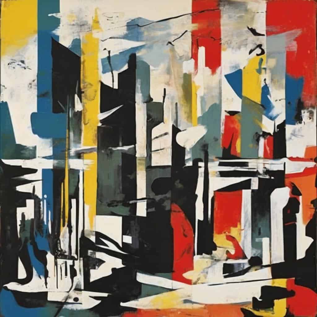 Διάσημο αφηρημένο έργο τέχνης με ζωηρά χρώματα και δυναμικές μορφές, εκφράζοντας τέχνη ως εργαλείο αυτογνωσίας και δημιουργικότητας.